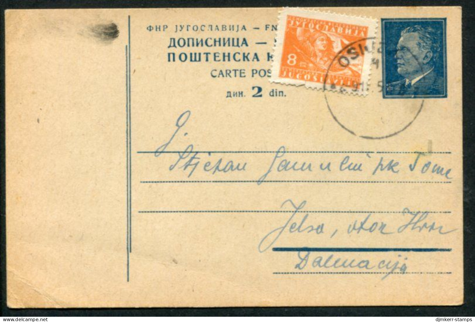 YUGOSLAVIA 1949 Tito 2 (d) Postal Stationery Card, Used With Additional Stamp.  Michel P129 - Enteros Postales