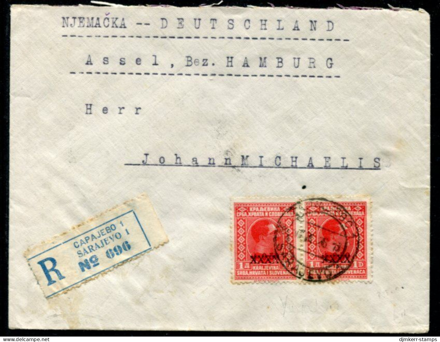 YUGOSLAVIA 1928 Registered Cover Franked With 1d Cancelled Surcharge X 6 (4 On Back).  Michel 212 - Cartas & Documentos