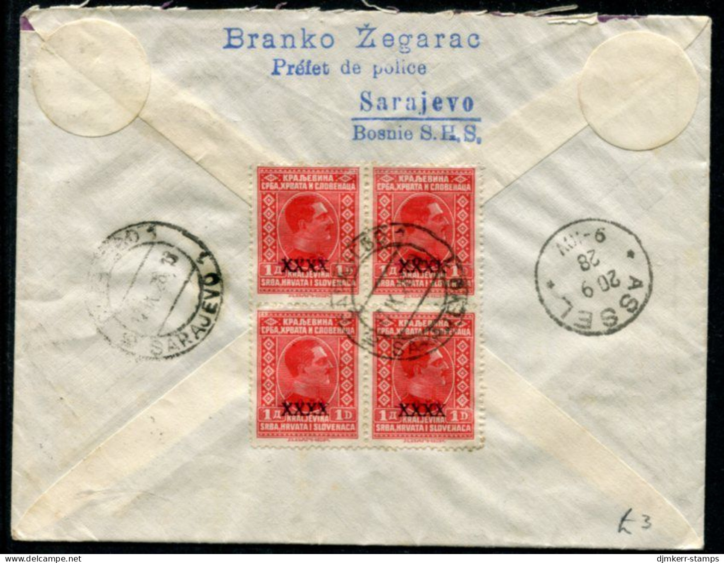YUGOSLAVIA 1928 Registered Cover Franked With 1d Cancelled Surcharge X 6 (4 On Back).  Michel 212 - Storia Postale