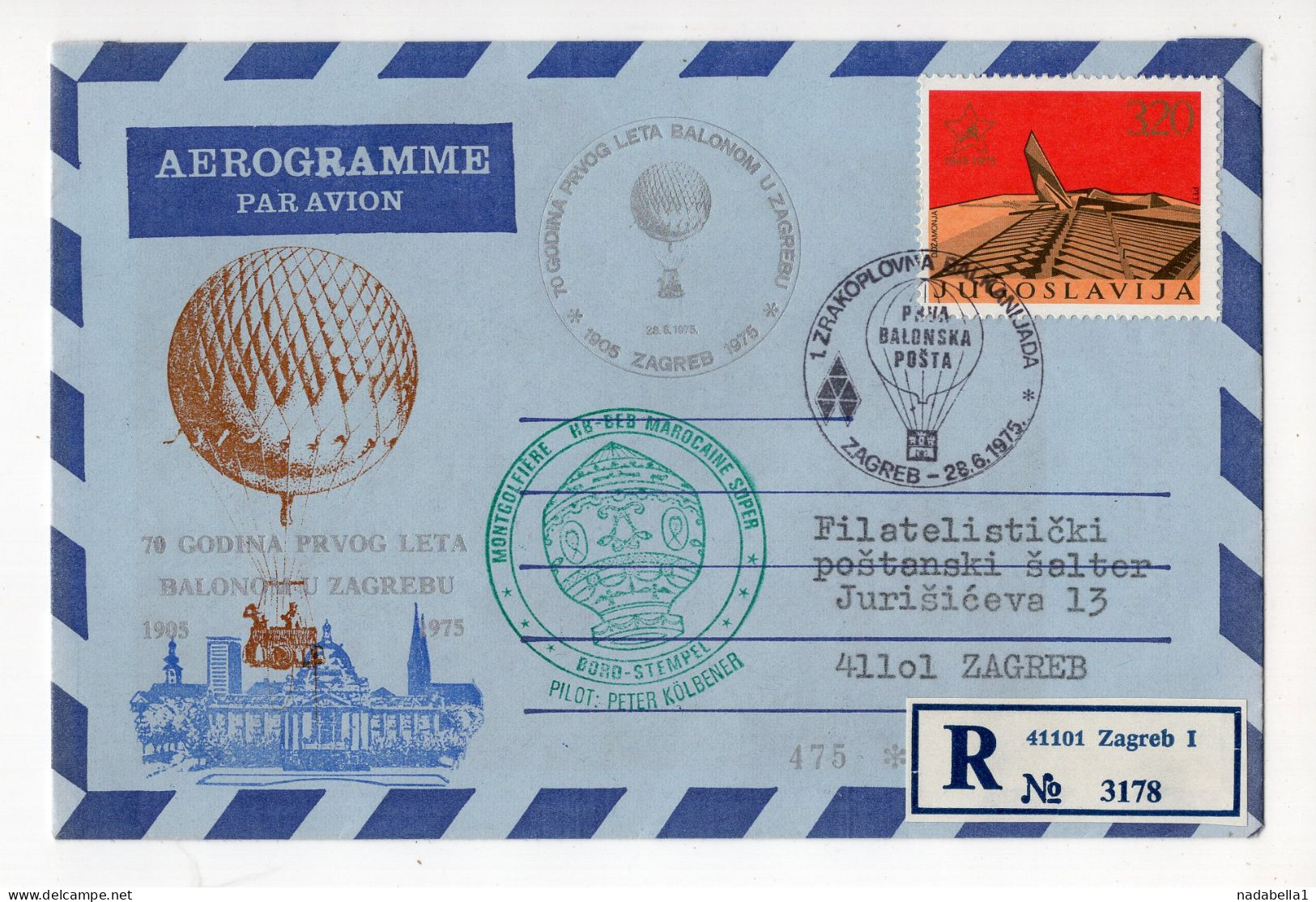 1975. YUGOSLAVIA,CROATIA,ZAGREB,AEROGRAM,AIRMAIL,BALLON POST 70th ANNIVERSARY - Airmail