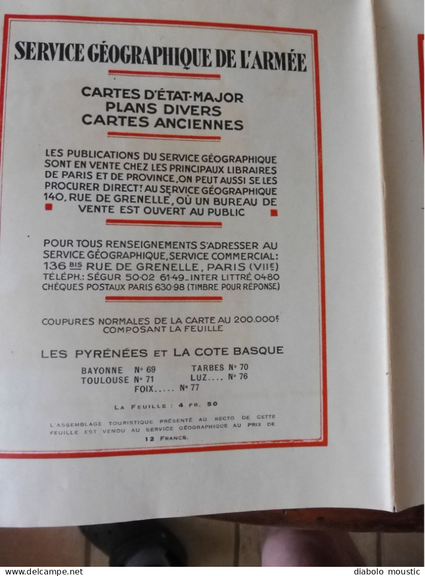 1928  Les Pyrénées et la Côte Basque : Carte officielle du service géographique de l'Armée par DUNLOP...Nombreuses pubs