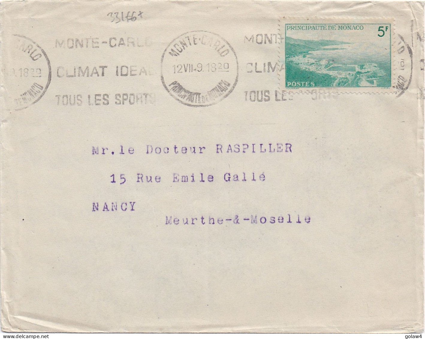 33166# N°346 SEUL LETTRE Obl MONTE CARLO PRINCIPAUTE DE MONACO 1949 CLIMAT IDEAL TOUS LES SPORTS NANCY MEURTHE - Covers & Documents