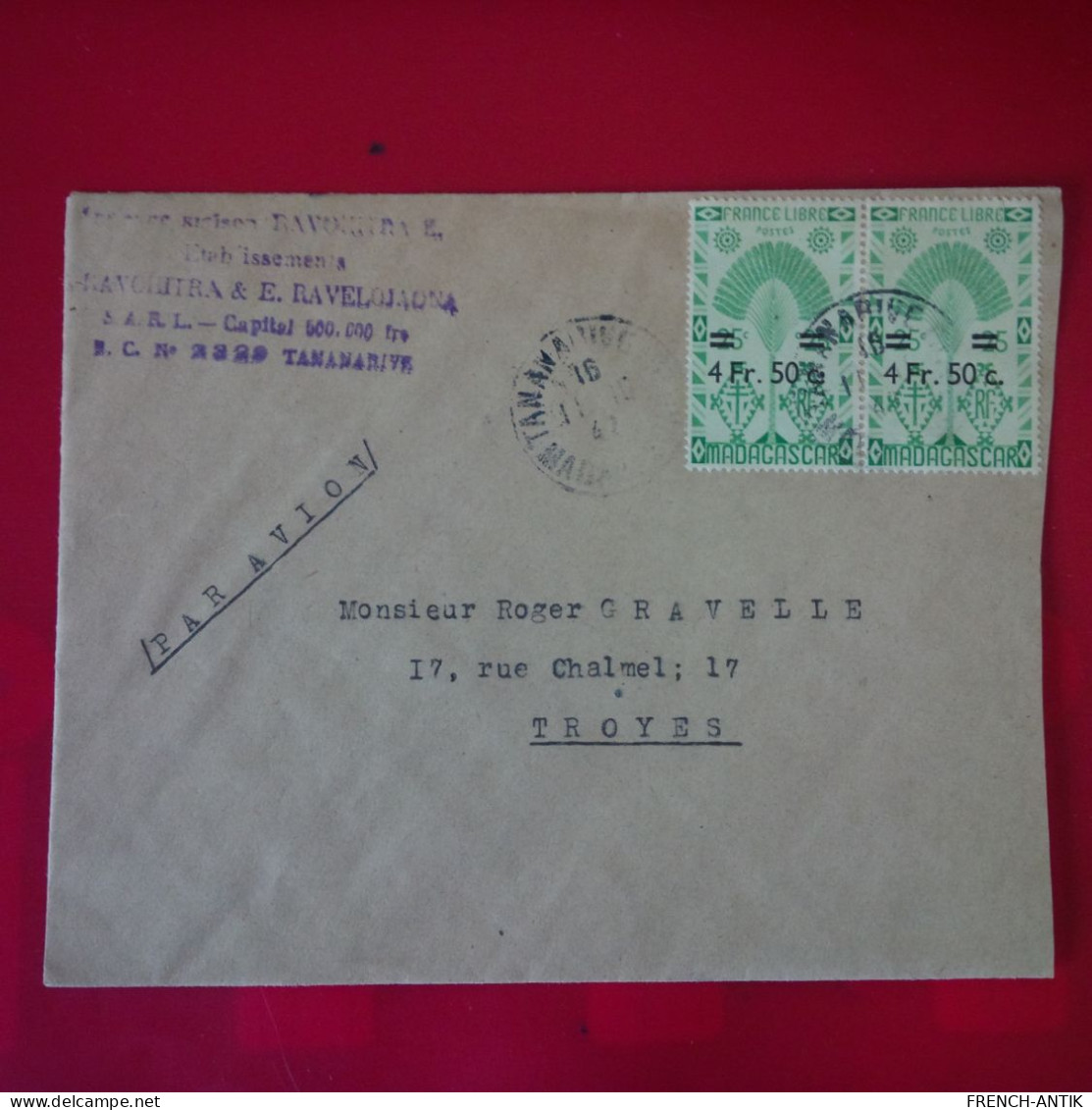 LETTRE MADAGASCAR TANANARIVE POUR TROYES PAR AVION - Storia Postale