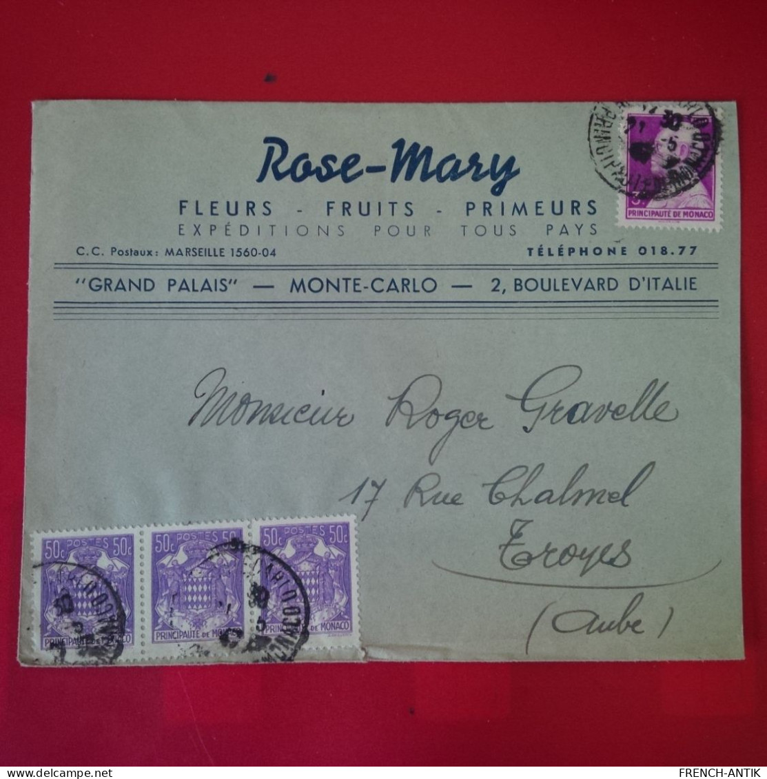 LETTRE MONACO ROSE MARY FLEURS FRUITS PRIMEURS POUR TROYES - Cartas & Documentos