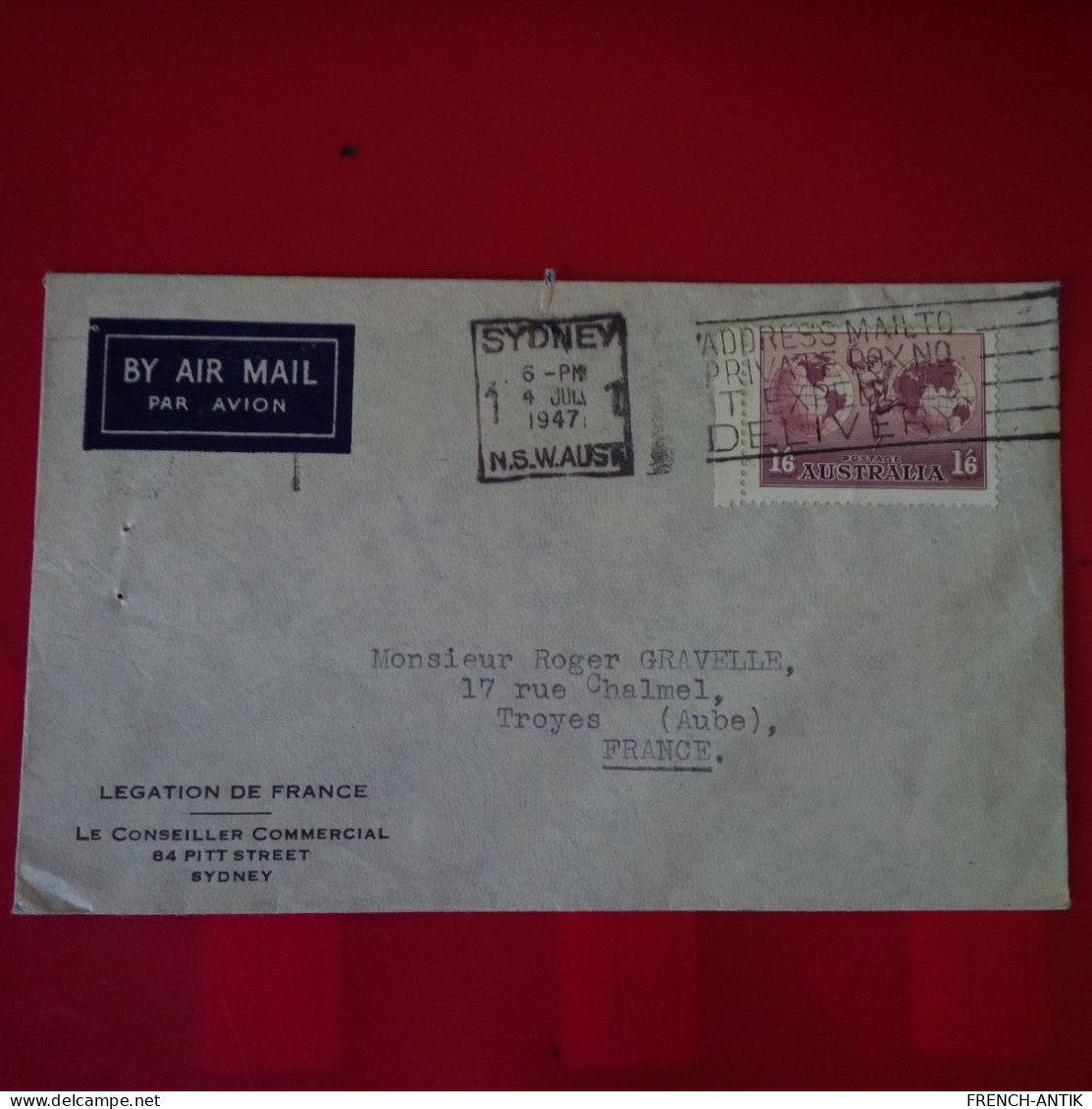 LETTRE SYDNEY POUR TROYES PAR AVION LEGATION DE FRANCE - Storia Postale