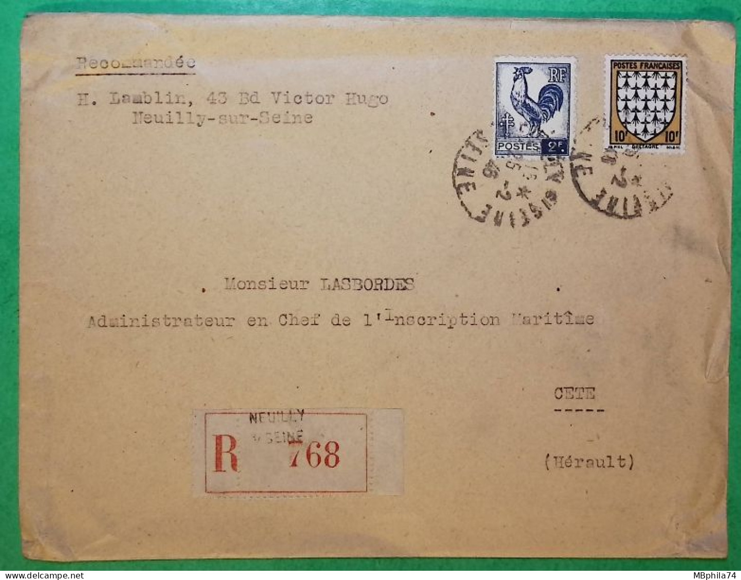 N°573 + 640 ARMOIRIES BRETAGNE COQ D'ALGER RECOMMANDE NEUILLY SUR SEINE POUR SETE HERAULT 1946 LETTRE COVER FRANCE - 1944 Gallo E Marianna Di Algeri