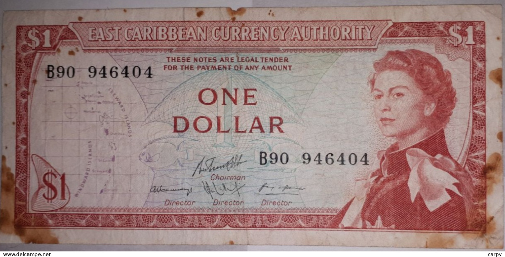 EAST CARIBBEAN Authority 1965 Dollar / Queen Elizabeth II Portrait / Signature 10 / Circulated - East Carribeans