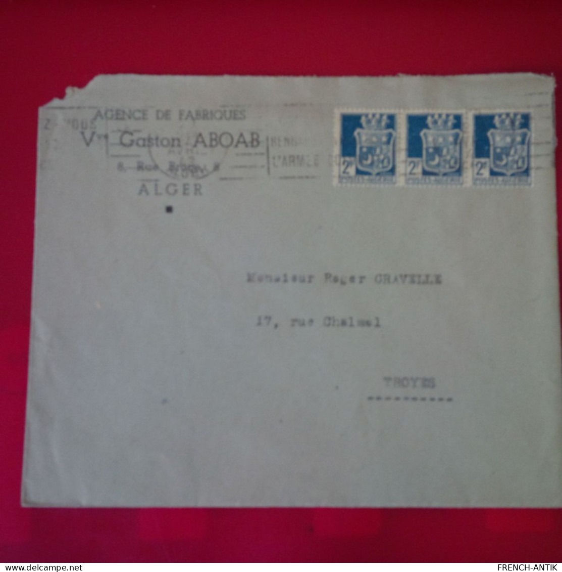 LETTRE ALGERIE ALGER GASTON ABOAB POUR TROYES PAR AVION - Cartas & Documentos