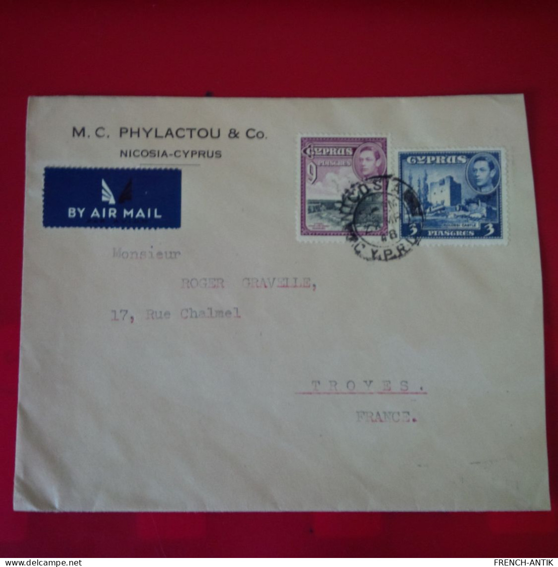 LETTRE NICOSIA CYPRUS PHYLACTOU AND CO POUR TROYES PAR AVION - Storia Postale