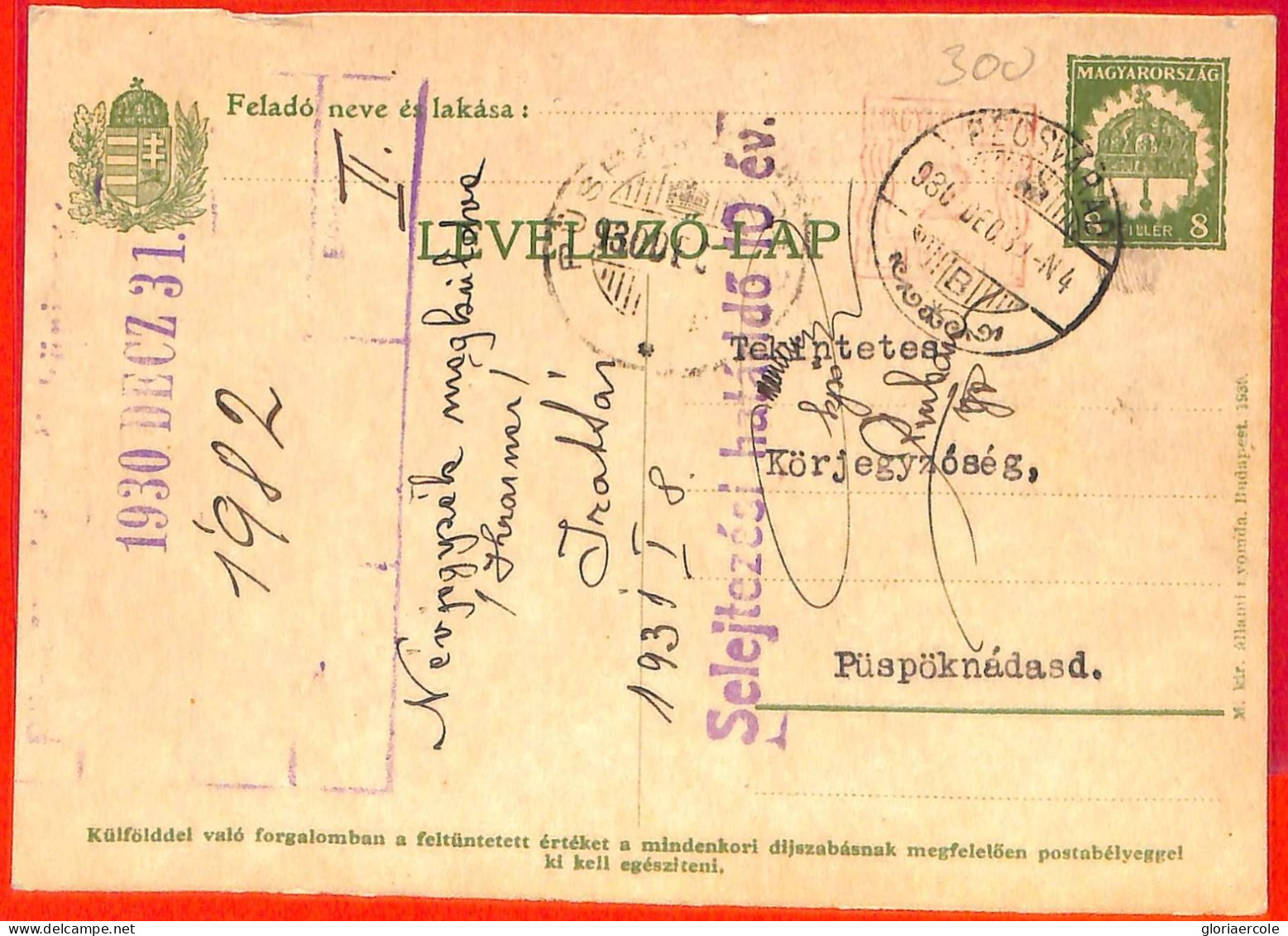 Aa1976 - HUNGARY - Postal History - STATIONERY CARD Added Mechanical Franking 1930 - Servizio