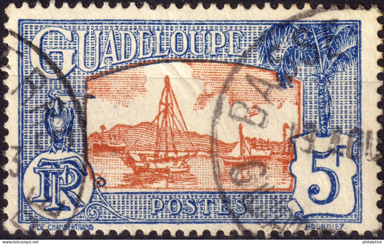 GUADELOUPE - 1940 - TàD "BASSE TERRE" (dateur 1 Ligne) Sur Yv.120 5fr Bleu & Rouge-orange - TB - Usati