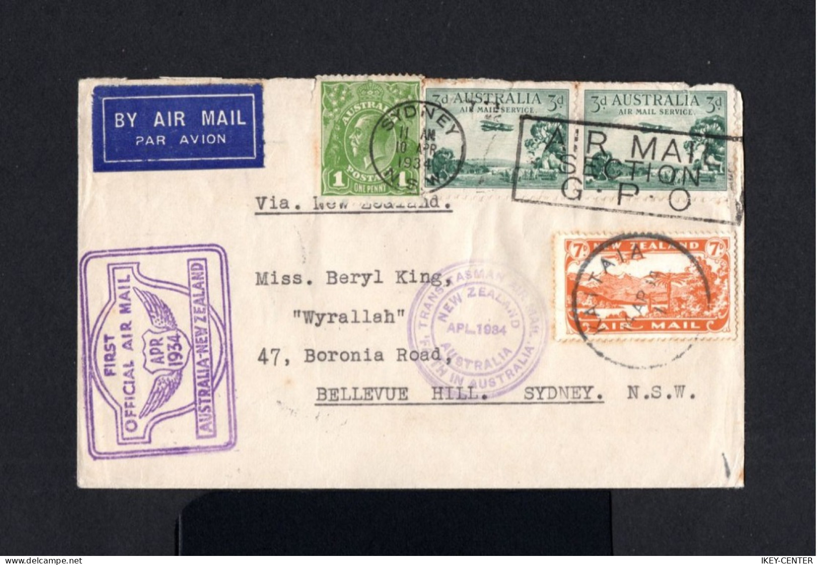 S80-AUSTRALIA.AIRMAIL FIRST OFFICIAL COVER KAITAIA To NEW ZEALAND.1934.WWII.Brief.ENVELOPPE AERIEN AUSTRALIE - Storia Postale