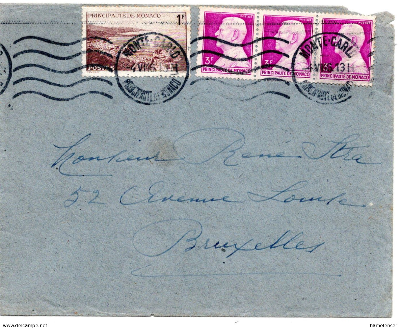 67542 - Monaco - 1946 - 3@3F Fuerst MiF A Bf MONTE-CARLO -> Belgien - Cartas & Documentos