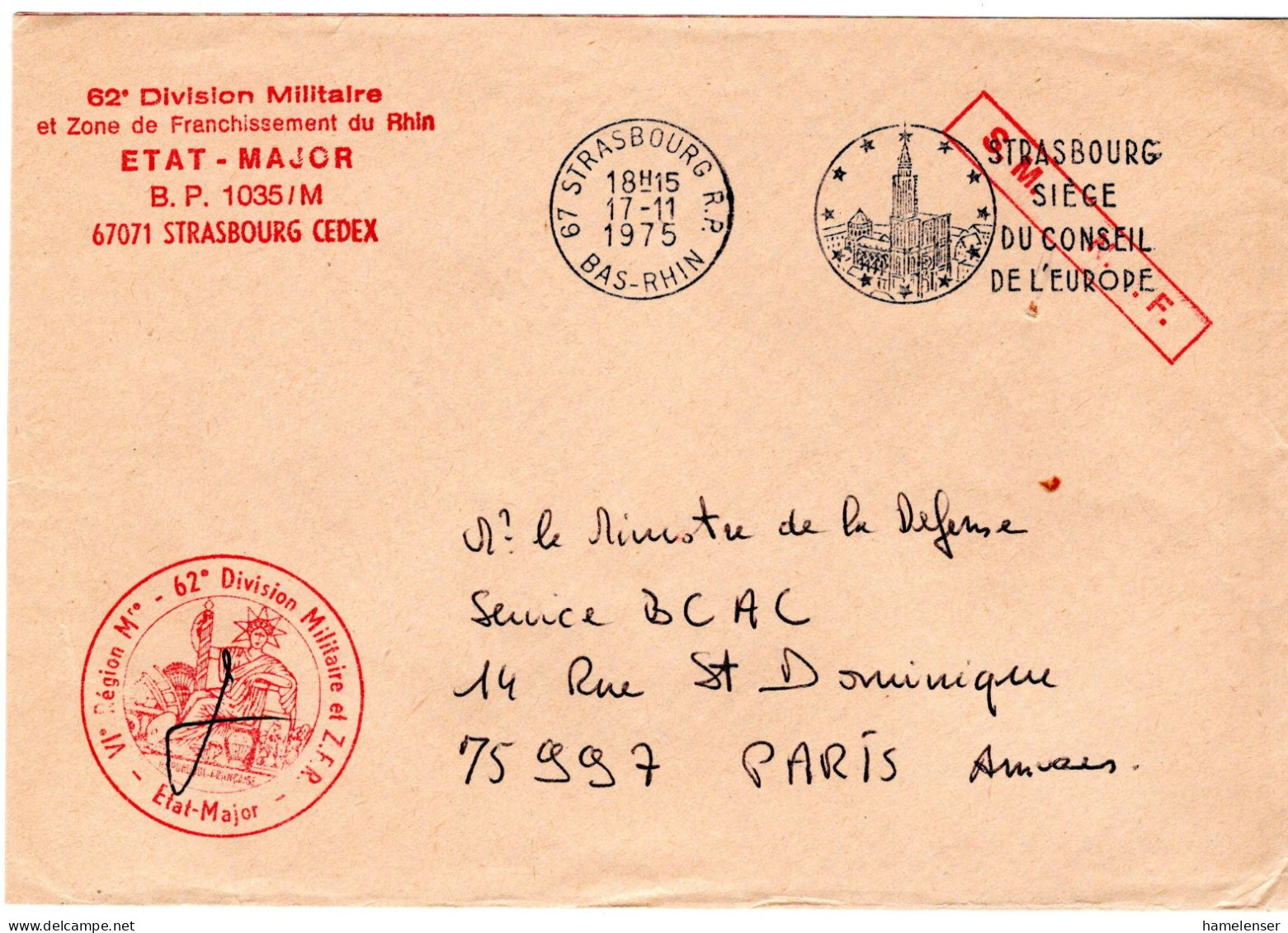 67543 - Frankreich - 1975 - MilitaerDienstBf D 62.Division STRASBOURG - ... -> Paris - Brieven En Documenten