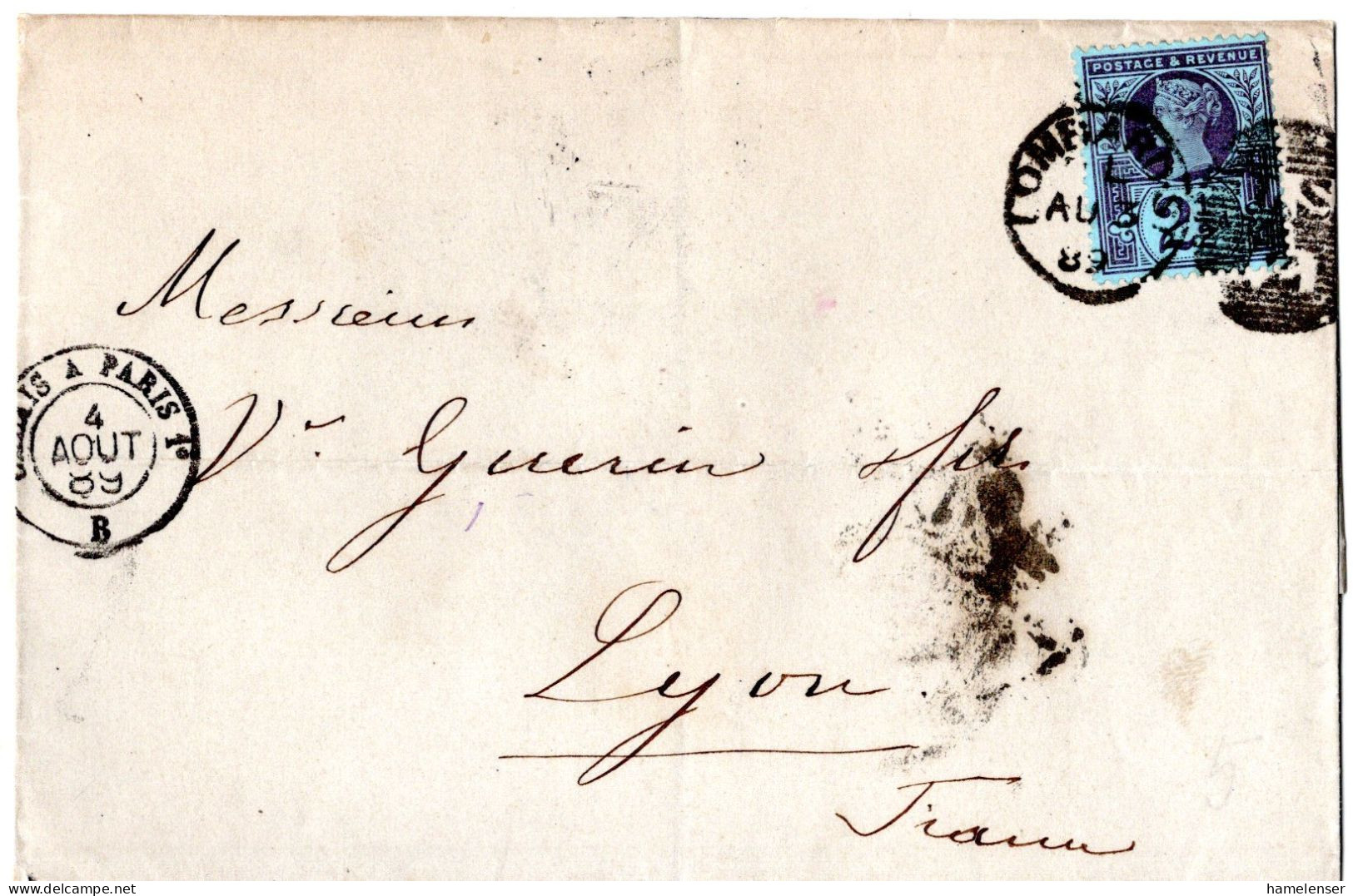 67545 - Grossbritannien - 1889 - 2,5d QV Jubilee EF A FaltBf LOMBARD ST -> CALAIS A PARIS -> ... -> LYON (Frankreich) - Lettres & Documents