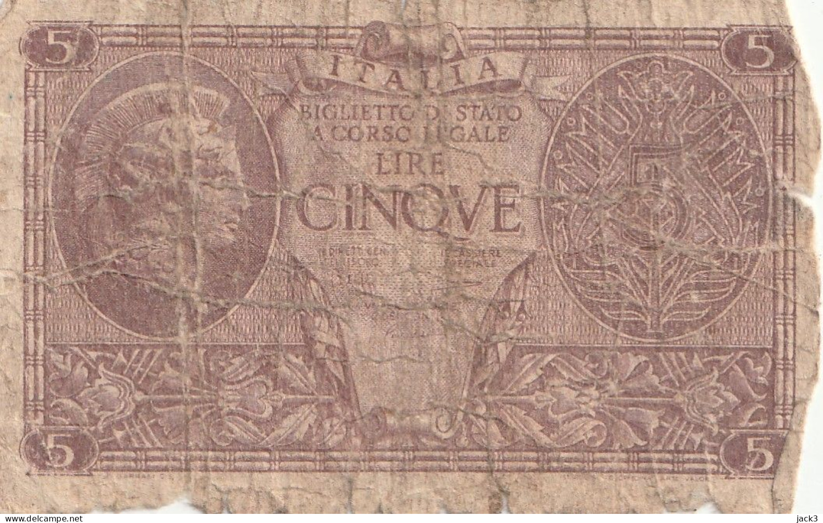 BANCONOTA -   CINQUE LIRE REGNO D'ITALIA Atena Elmata BIGLIETTO DI STATO 1944 - Italia – 5 Lire