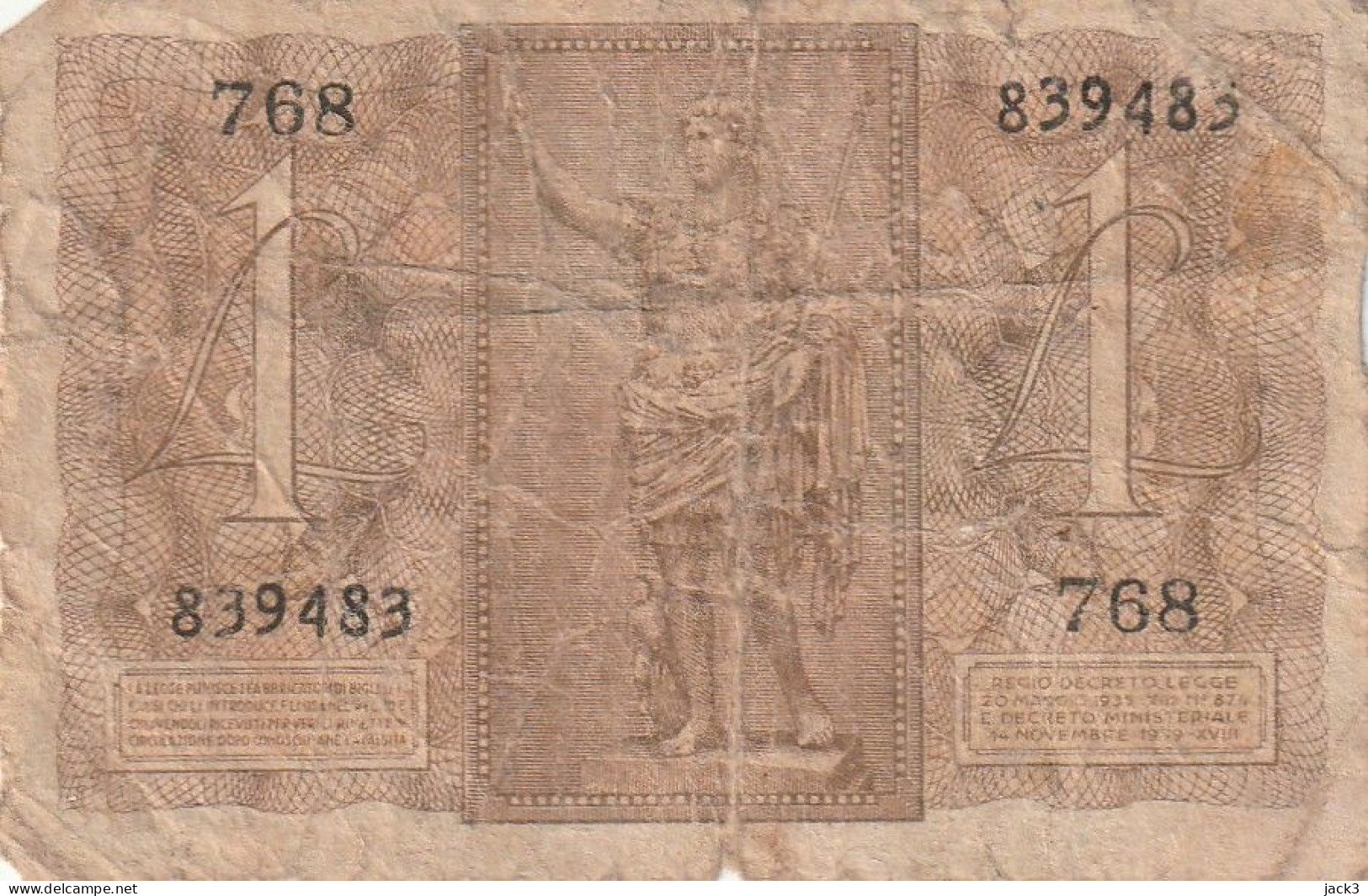 BANCONOTA -   1 LIRA BIGLIETTO DI STATO FASCIO 14/11/1939 - Italië – 1 Lira