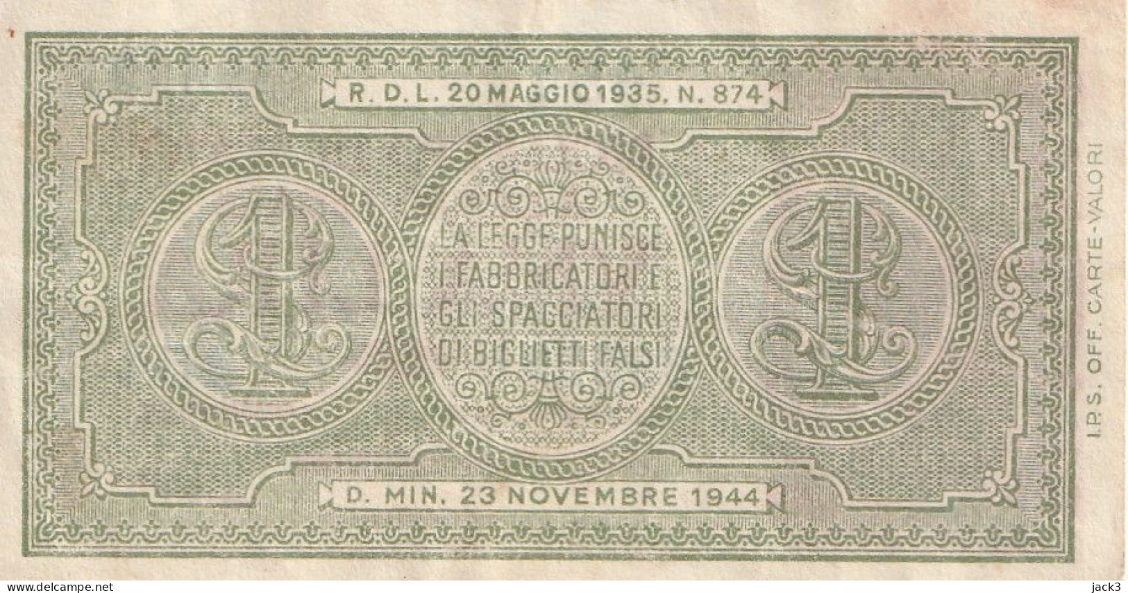 BANCONOTA -   1 LIRA BIGLIETTO DI STATO - UMBERTO VENTURA 23/11/1944 - Italië – 1 Lira