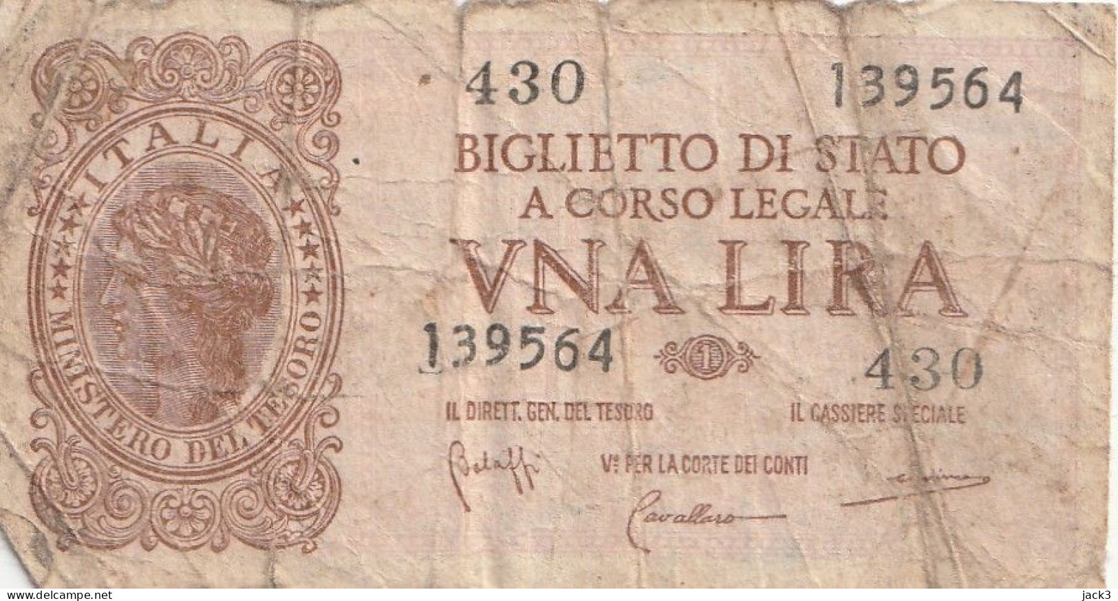 BANCONOTA -   1 LIRA BIGLIETTO DI STATO LUOGOTENENZA UMBERTO VENTURA 23/11/1944 - Italia – 1 Lira
