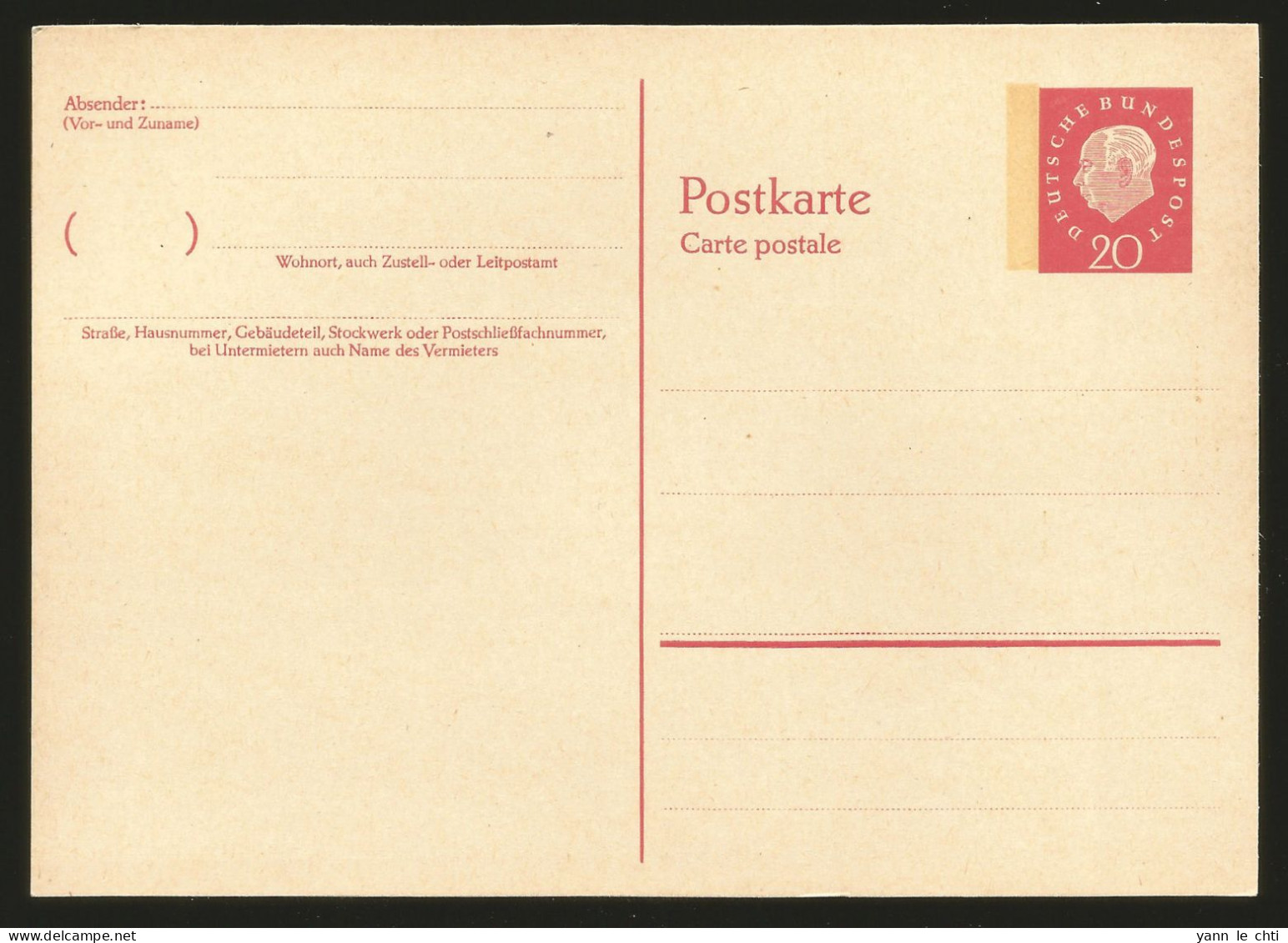 Postkarte Carte Postale Ganzsache 20 Pfennig Theodor Heuss Postfrisch ** - Privatpostkarten - Ungebraucht