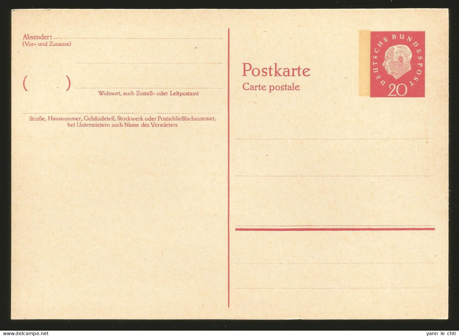 Postkarte Carte Postale Ganzsache 20 Pfennig Theodor Heuss Postfrisch ** - Cartes Postales Privées - Neuves