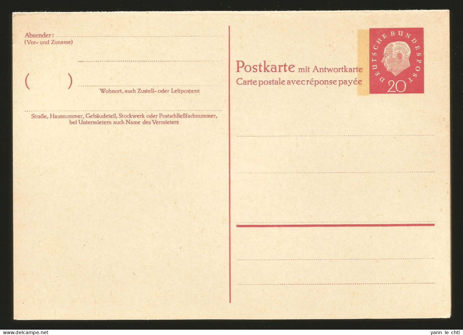 Postkarte Carte Postale Avec Reponse Payee Mit Antwortkarte Ganzsache 20 Pfennig Theodor Heuss Postfrisch ** - Privatpostkarten - Ungebraucht