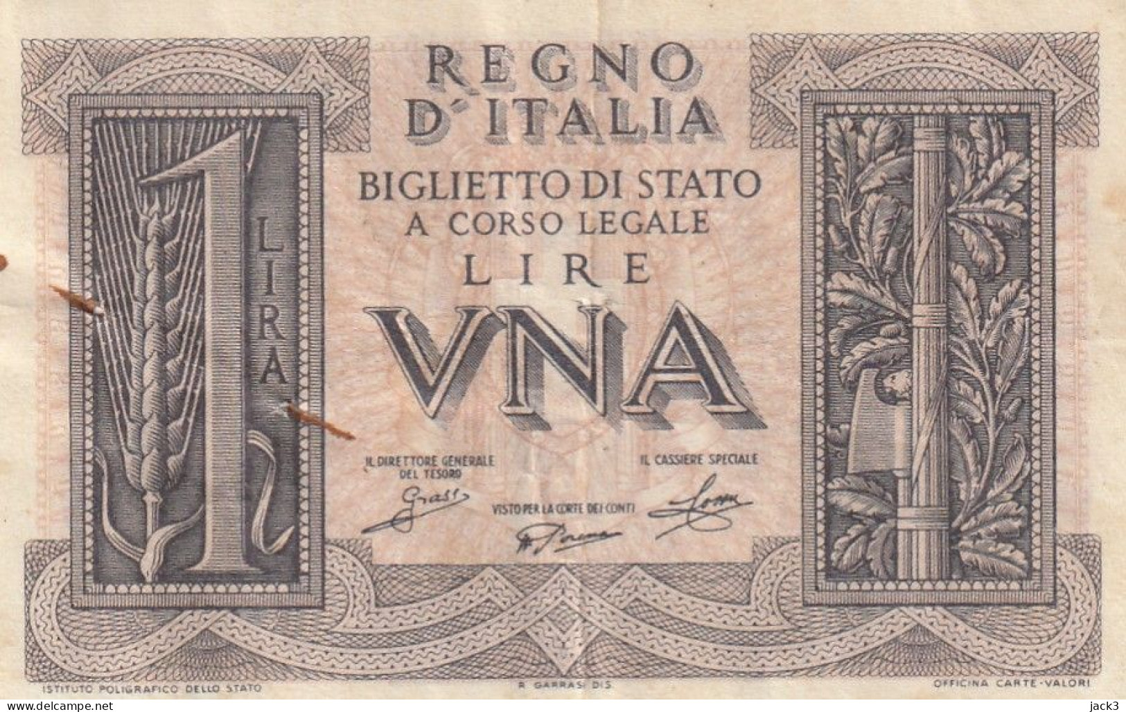 BANCONOTA - 1 LIRA BIGLIETTO DI STATO FASCIO 14/11/1939 - Italia – 1 Lira