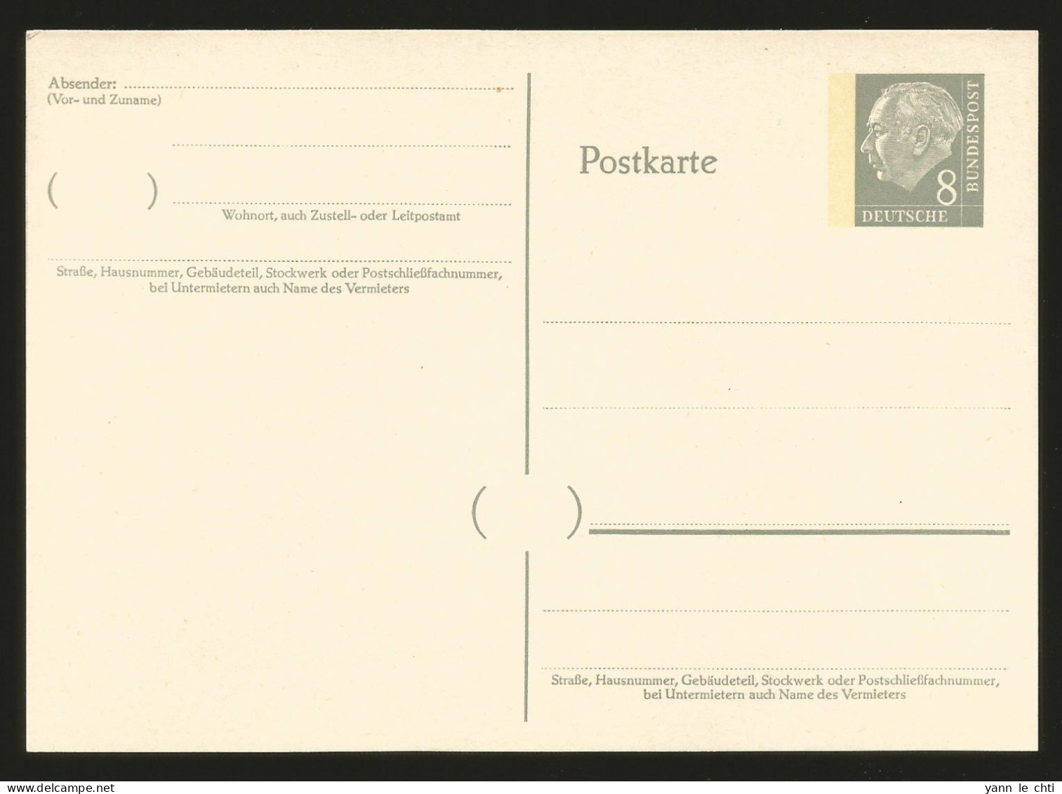 Postkarte Carte Postale Ganzsache 8 Pfennig Theodor Heuss Postfrisch ** - Privatpostkarten - Ungebraucht
