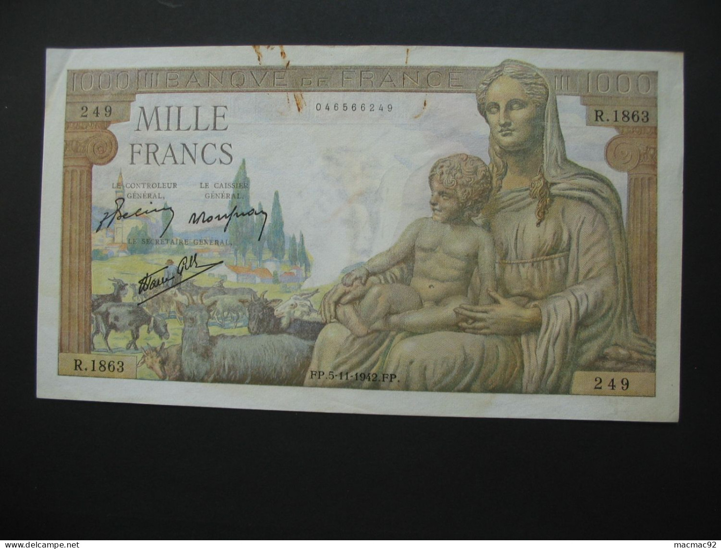 1000 Francs - Mille  Francs Déesse Déméter - Type 1942  5-11-1942   **** EN ACHAT IMMEDIAT **** - 1 000 F 1942-1943 ''Déesse Déméter''