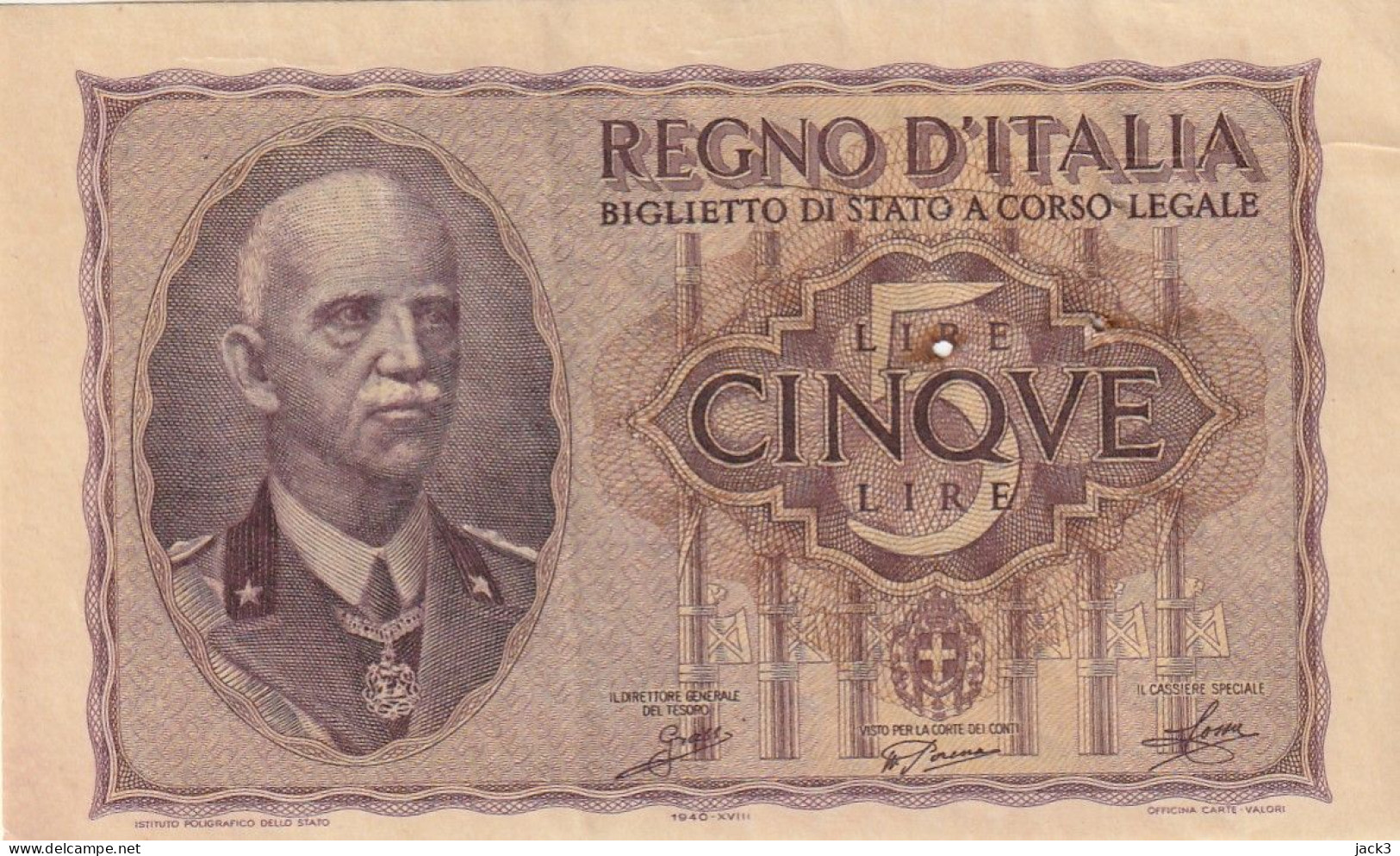 5 LIRE BIGLIETTO DI STATO VITTORIO EMANUELE III FASCIO 1940 - Italia – 1 Lira