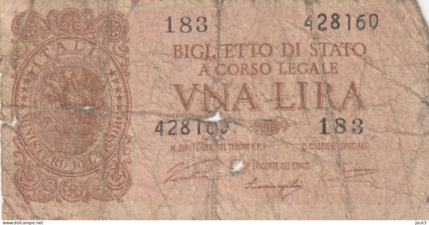 BANCONOTA - 1 LIRA BIGLIETTO DI STATO LUOGOTENENZA UMBERTO VENTURA 23/11/1944 - Italia – 1 Lira
