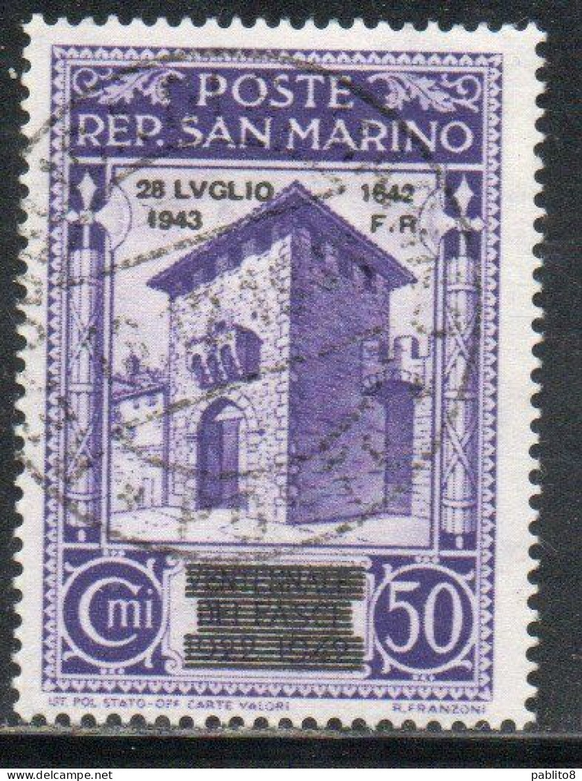 REPUBBLICA DI SAN MARINO 1943 CADUTA DEL FASCISMO CENT. 50c USATO USED OBLITERE' - Usati