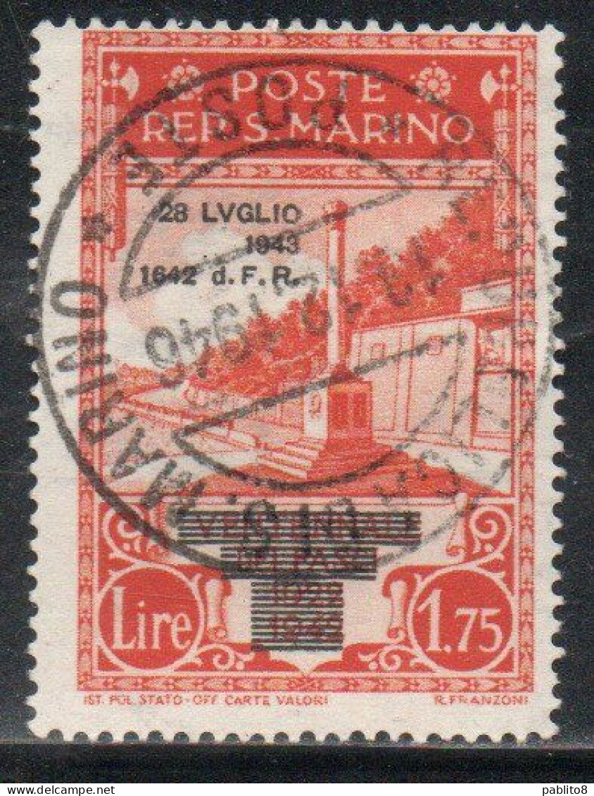 REPUBBLICA DI SAN MARINO 1943 CADUTA DEL FASCISMO 28 LUGLIO 1642 F.R. SOPRASTAMPATO LIRE 1,75 USATO USED OBLITERE' - Usados