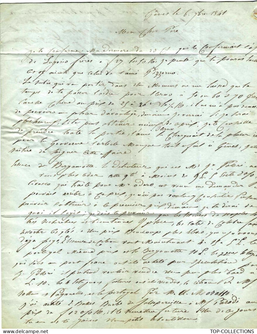 1841 « OUTREMER MARSEILLE  1841 Gênes  Genova Gust. Honnoré  Sign. Maçonnique => Son Père Louis Honnoré  NEGOCE COMMERCE - Entry Postmarks