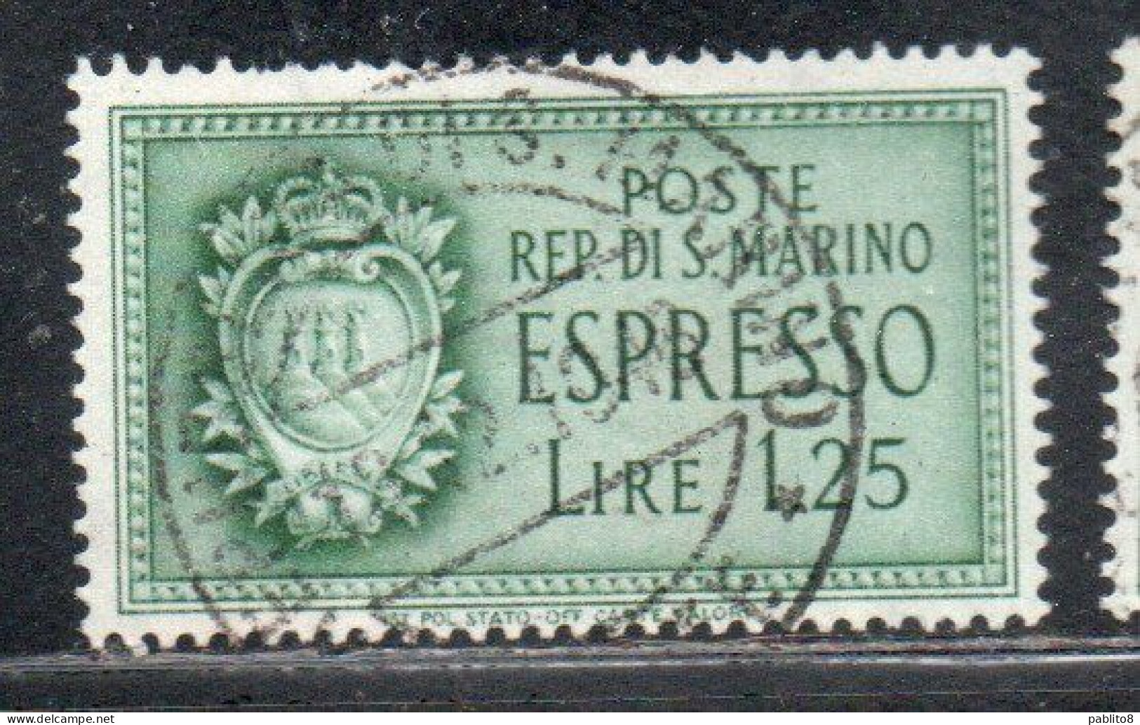 REPUBBLICA DI SAN MARINO 1943 ESPRESSI STEMMA SPECIAL DELIVERY COAT OF ARMS ESPRESSO LIRE 1,25 USATA USED OBLITERE' - Francobolli Per Espresso