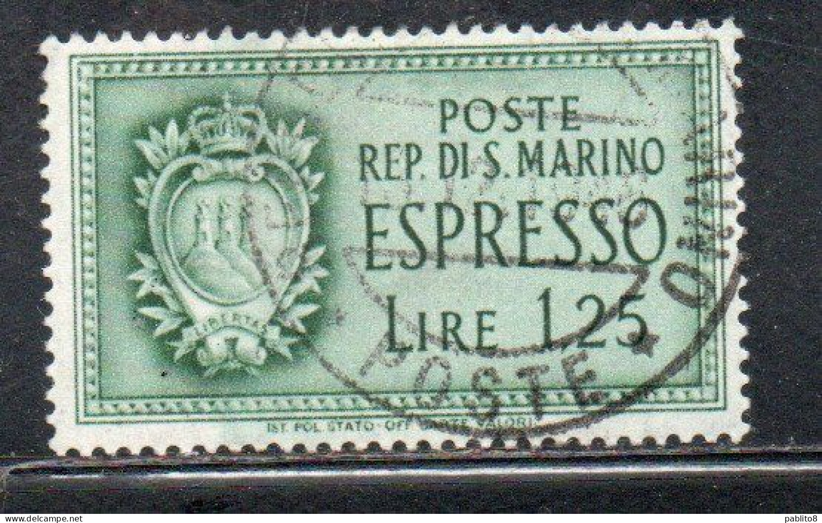 REPUBBLICA DI SAN MARINO 1943 ESPRESSI STEMMA SPECIAL DELIVERY COAT OF ARMS ESPRESSO LIRE 1,25 USATA USED OBLITERE' - Express Letter Stamps