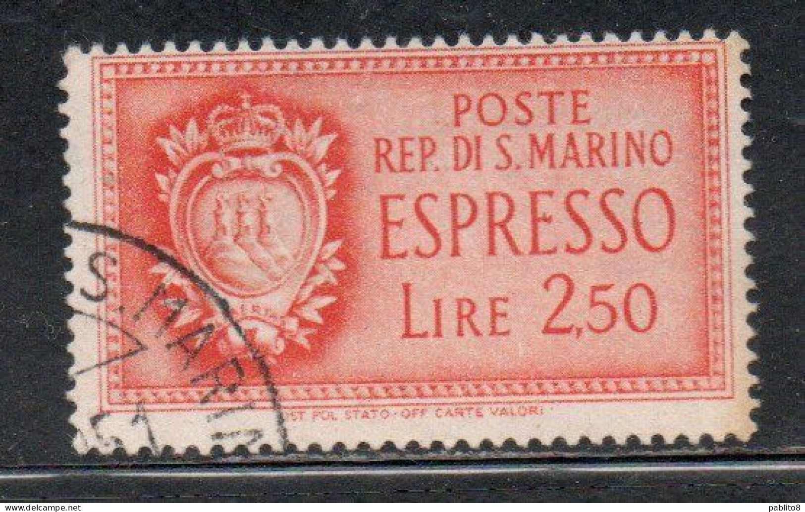 REPUBBLICA DI SAN MARINO 1943 ESPRESSI STEMMA SPECIAL DELIVERY COAT OF ARMS ESPRESSO LIRE 2,50  USATA USED OBLITERE' - Francobolli Per Espresso