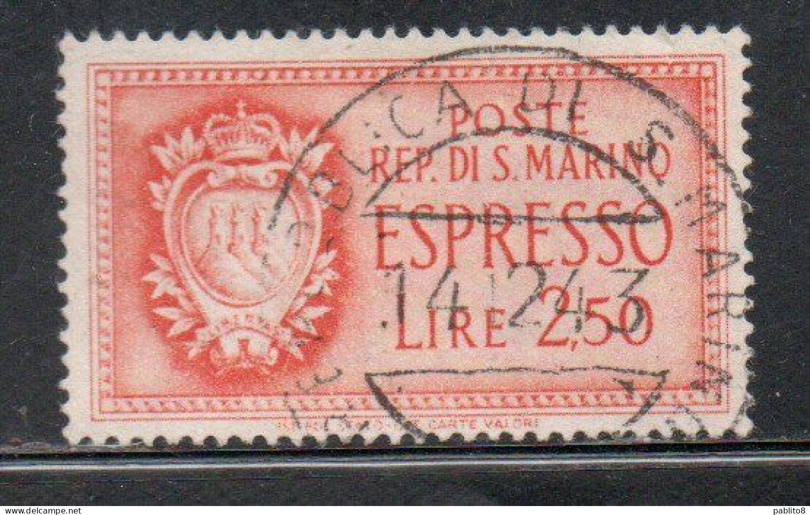 REPUBBLICA DI SAN MARINO 1943 ESPRESSI STEMMA SPECIAL DELIVERY COAT OF ARMS ESPRESSO LIRE 2,50  USATA USED OBLITERE' - Francobolli Per Espresso