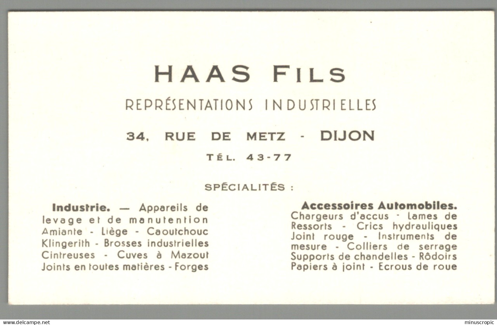 Carte De Visite 21 - Dijon - Haas Fils - Représentations Industrielles - Visiting Cards
