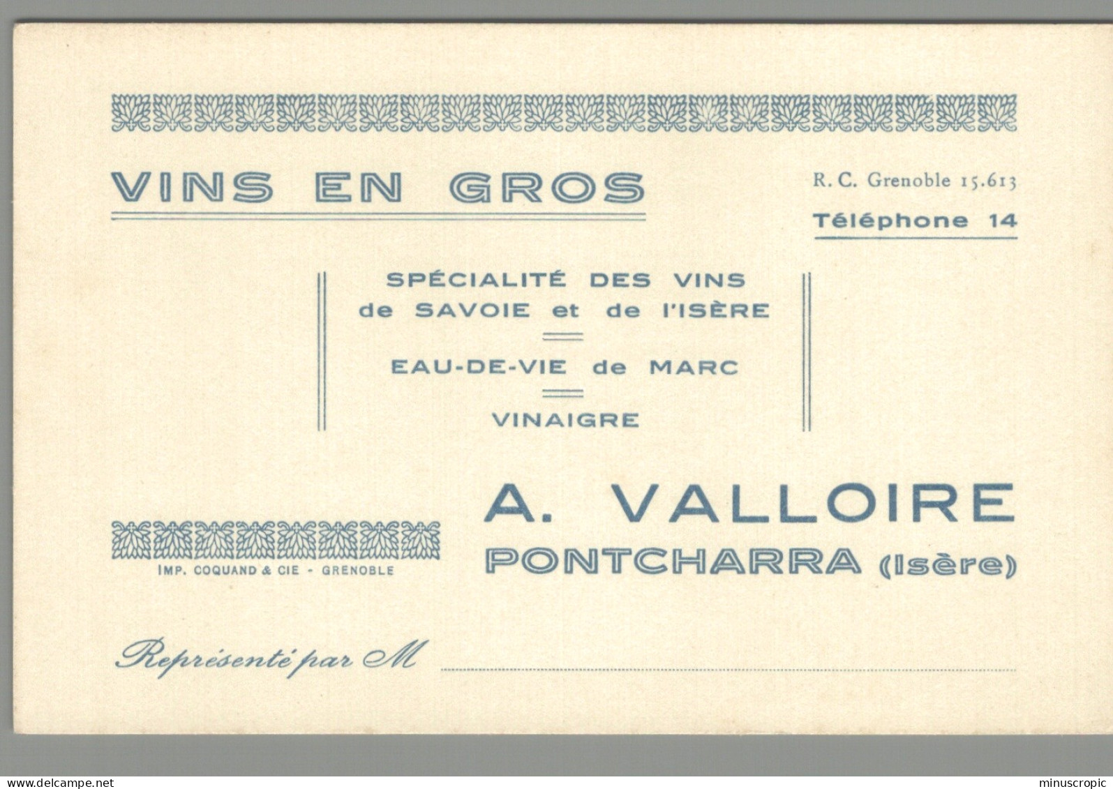 Carte De Visite 38 - Pontcharra - A Valloire - Vins En Gros - Visiting Cards