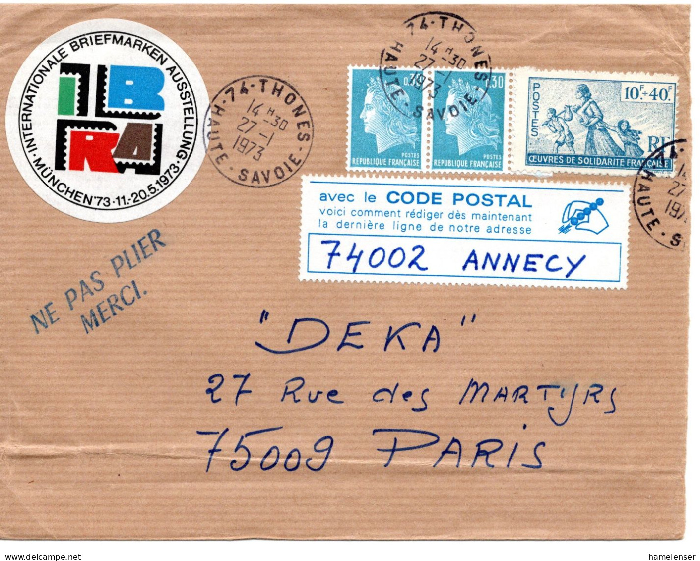 67549 - Frankreich - 1973 - 2@30c Marianne MiF A Bf M PLZ-Aufkleber THONES -> Paris - Covers & Documents