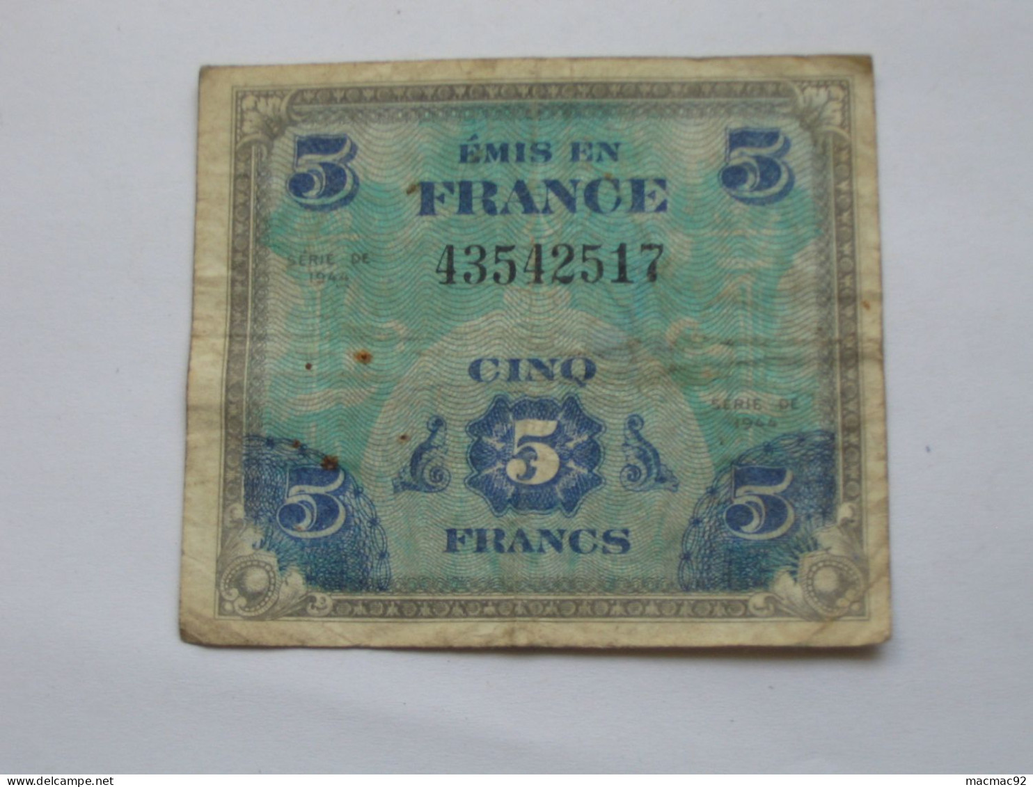 ASSEZ RARE Billet De Débarquement - 5 Francs DRAPEAU FRANCE 1944 - Sans Série   **** EN ACHAT IMMEDIAT **** - 1944 Drapeau/France
