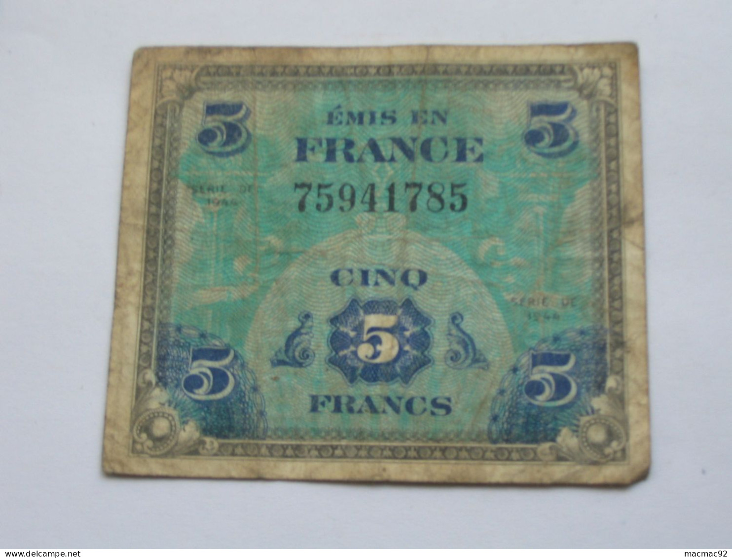 ASSEZ RARE Billet De Débarquement - 5 Francs DRAPEAU FRANCE 1944 - Sans Série   **** EN ACHAT IMMEDIAT **** - 1944 Flagge/Frankreich