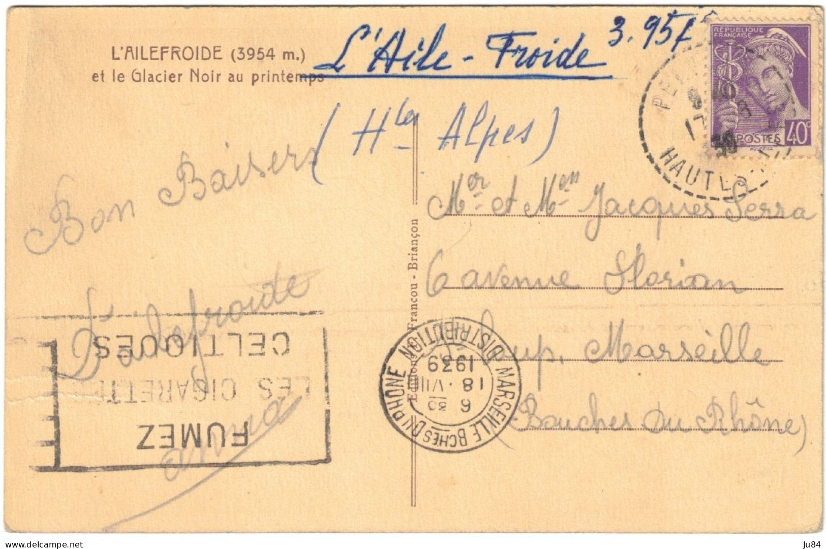 Hautes Alpes - Pelvoux - L'Ailefroide Et Le Glacier Noir Au Printemps - Skieur - Carte Pour Marseille - 40c Mercure 1939 - L'Argentiere La Besse