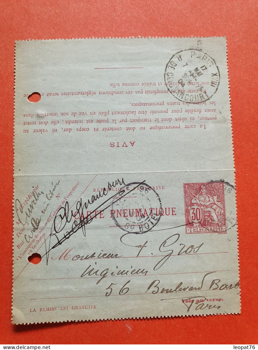 Pneumatique Type Chaplain 30ct De Paris Pour Paris En 1904 - Réf J 304 - Pneumatische Post