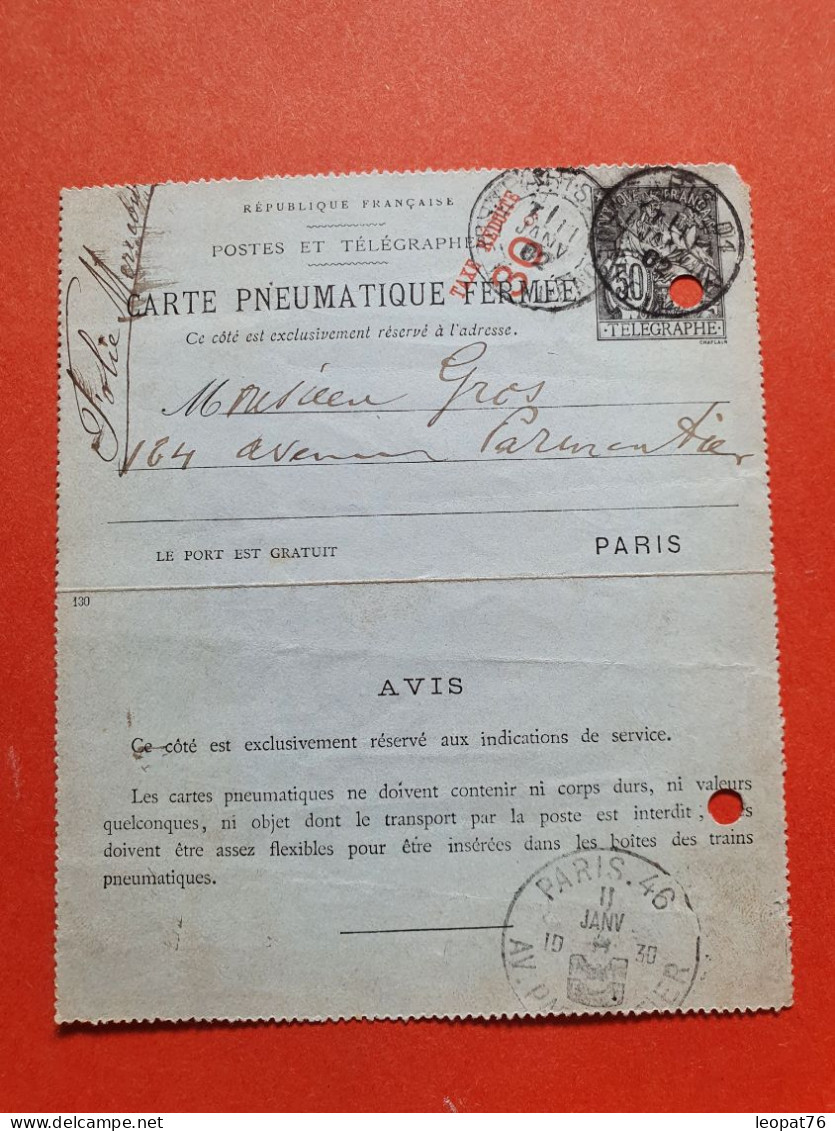 Pneumatique Type Chaplain 50ct Surchargé Taxe Réduite 30ct, De Paris Pour Paris En 1902 - Réf J 309 - Neumáticos