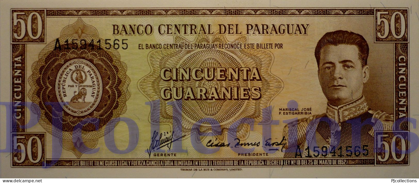 PARAGUAY 50 GUARANIES 1952 PICK 197b UNC - Paraguay