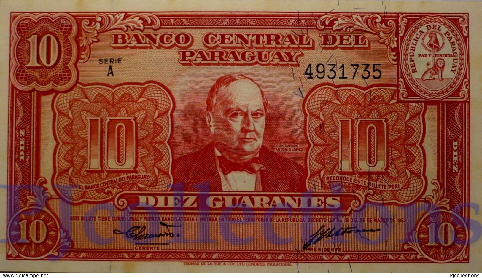 PARAGUAY 10 GUARANIES 1952 PICK 187b AUNC - Paraguay