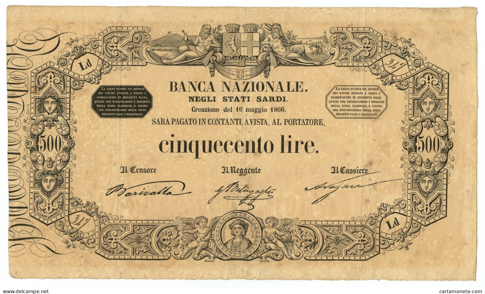 500 LIRE BANCA NAZIONALE NEGLI STATI SARDI 16/05/1866 BB/BB+ - Autres & Non Classés