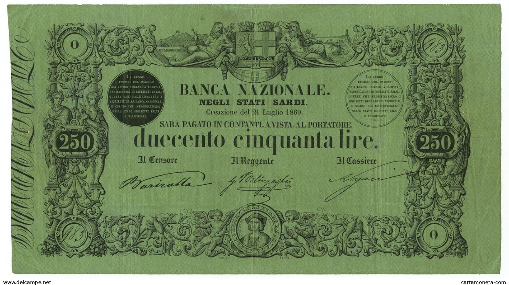 250 LIRE BANCA NAZIONALE NEGLI STATI SARDI 21/07/1869 BB/BB+ - Andere & Zonder Classificatie
